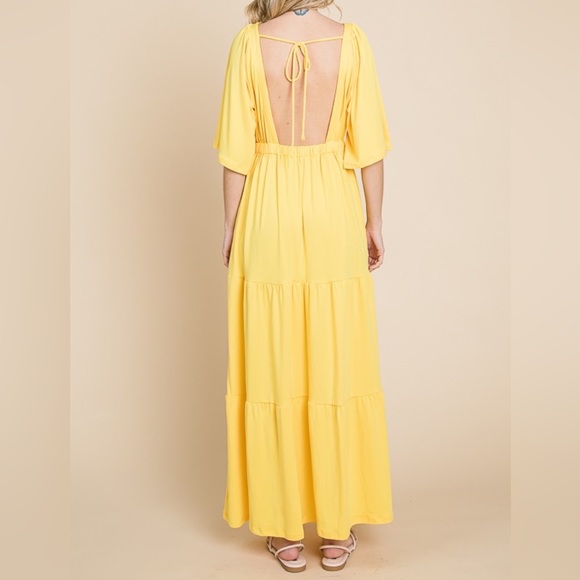 NEW Culture Code Yellow Backless Plunge Neck Half Sleeve Tiered Maxi Dress - Picture 4 of 4
